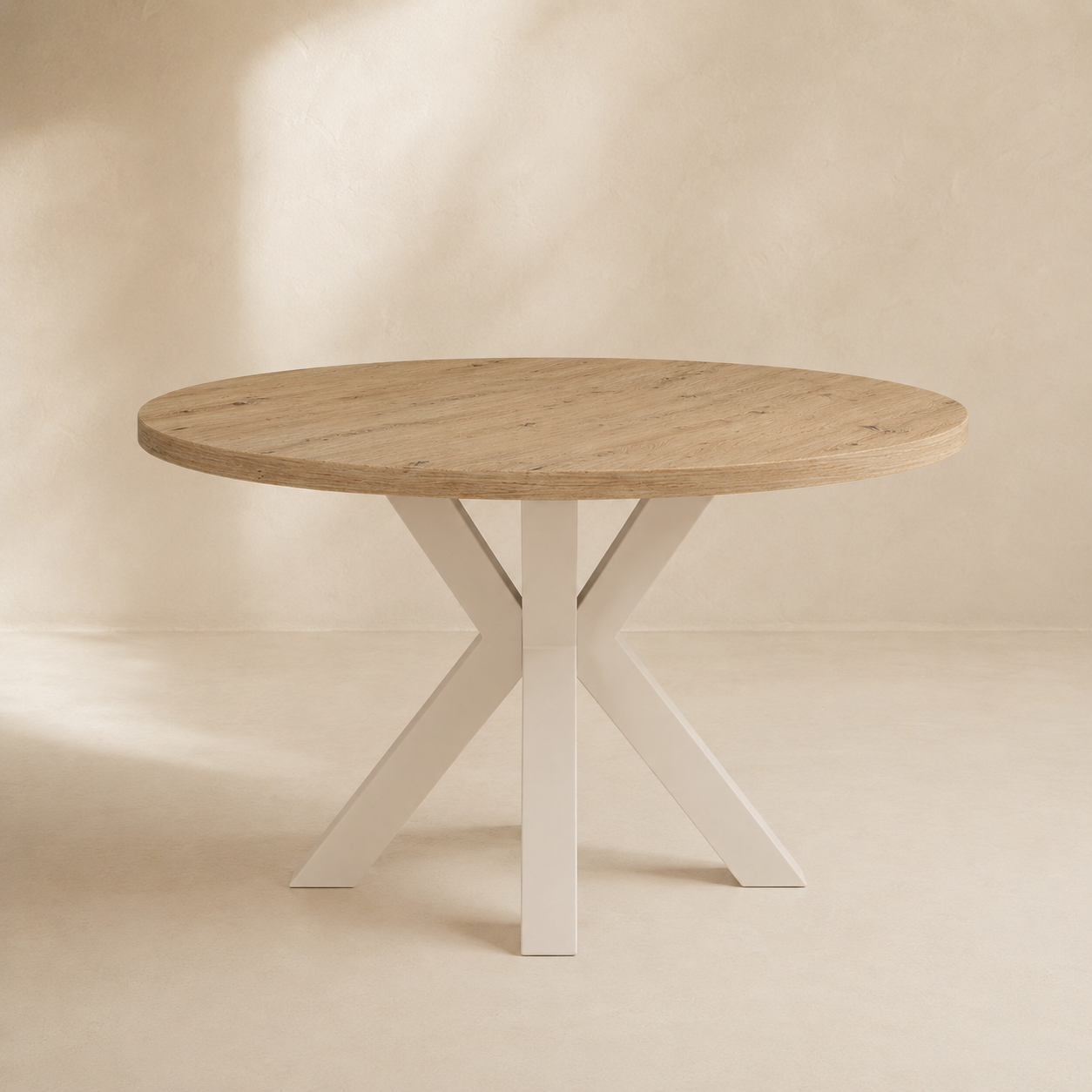 Mesa Candela, tapa de madera y patas de metal blanco, Ø100 cm