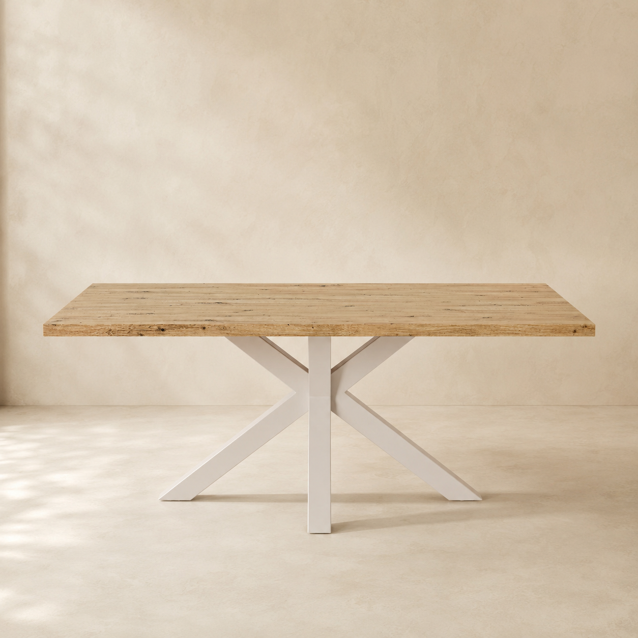 Mesa Candela, tapa de madera y patas de metal blanco, 140 × 90 cm