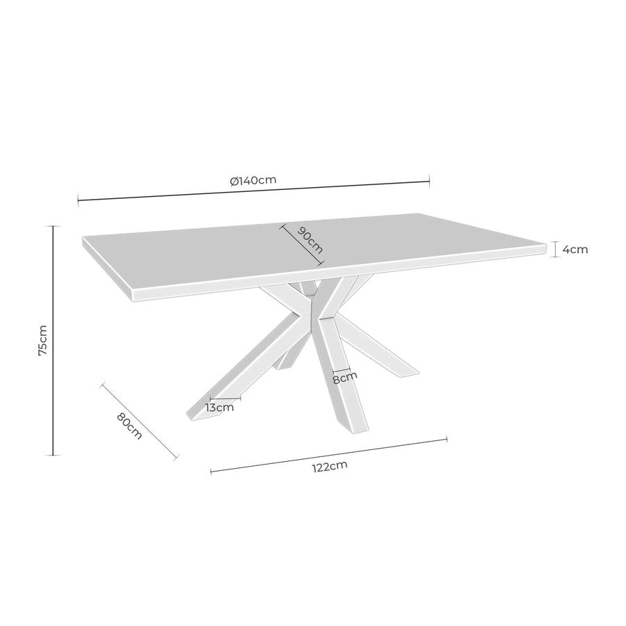 Mesa Candela, tapa de madera y patas de metal blanco, 140 × 90 cm