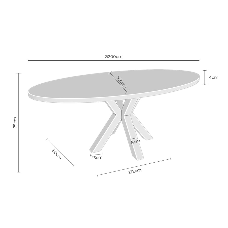Mesa Candela ovalada, tapa de madera y patas de metal blanco, 200 × 100 cm