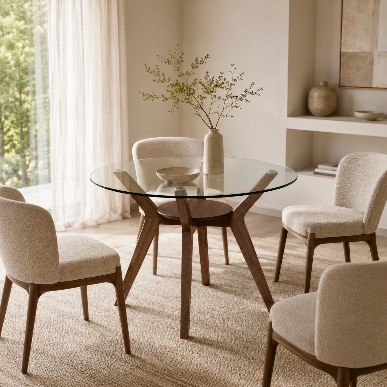 Mesa Liria, tapa de cristal y patas de madera, Ø100 cm