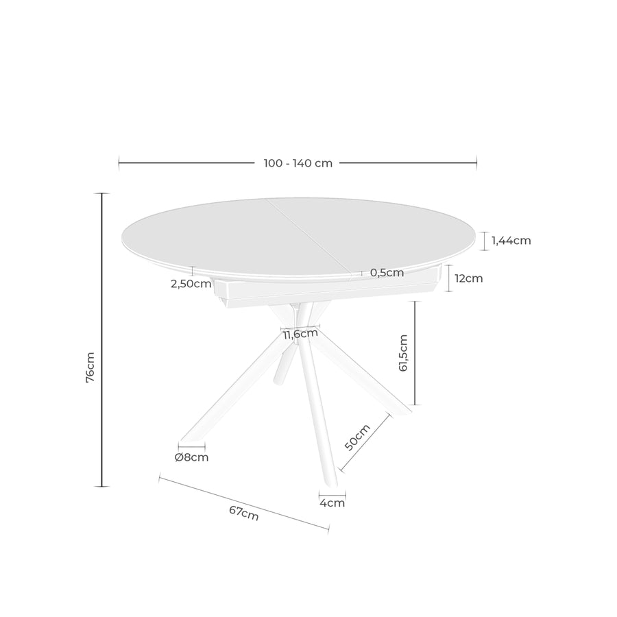 Mesa Lunia, tapa de porcelánico y patas de metal, extensible
