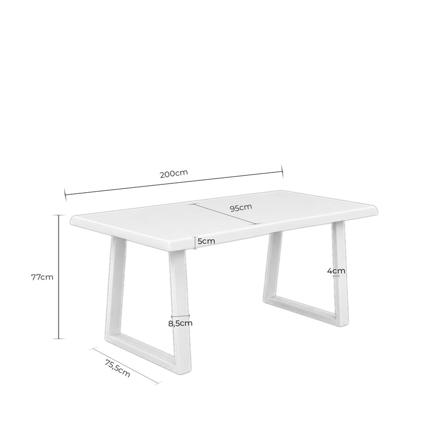 Mesa Vera, tapa de madera y patas de metal blanco, 200 × 90 cm