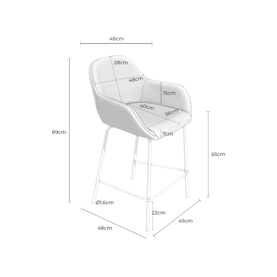 Low upholstered stool with backrest and black metal legs
