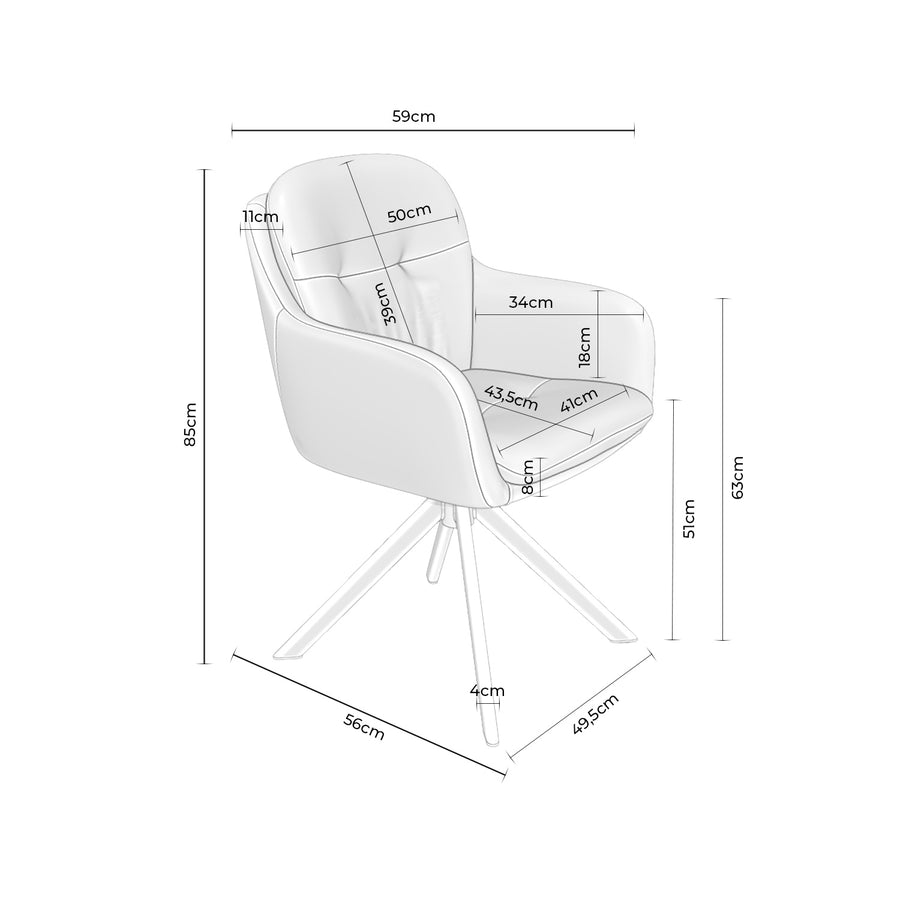 Silla Perla, tapizada, con reposabrazos, giratoria, patas de metal